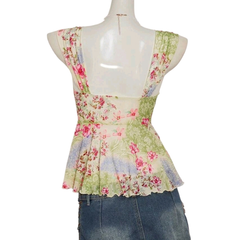 90s Y2K Babydoll Top Womens M Whimsical Fairy Forest Asymmetrical Sheer Floral - Picture 2 of 3
